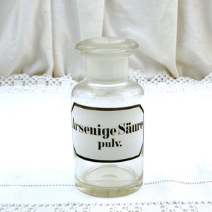 Antique German Apothecary Glass Bottle with Large Stopper White and Black Label Arsenige Säure Pulv  Arsenic Acid, Chemist Shop Poison Decor