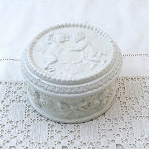 Antique French White Glazed Powder Pot with Classical Cherub Roses and Ribbon Pattern, Vintage Ceramic Bonbonnière Romantic Angels Design image 1