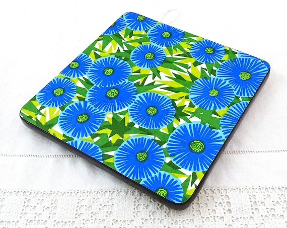 Vintage French Mid Century Square Formica Trivet Colorful Pattern With Bright Blue Flower, Retro 1960s 1970s Kitchen Acccesory from France