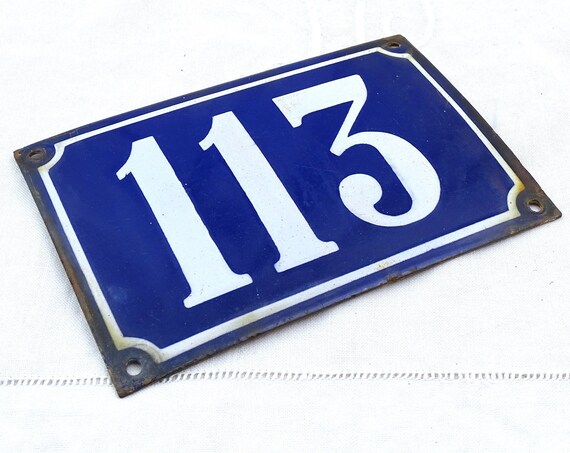 Large Antique French Curved Porcelain Enameled Metal House Sign Blue and White Number 113, Enamelware Street Home Traditional Address Sign