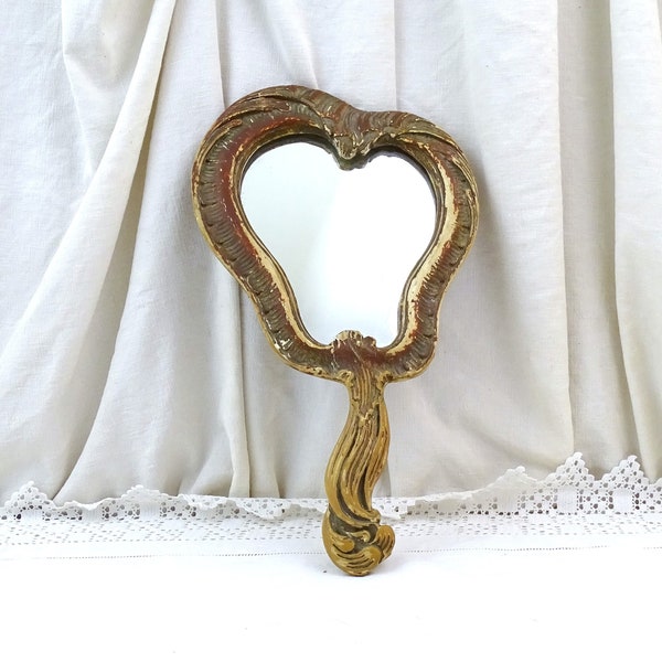 Antique Français Rococo Style Grand miroir à main minable avec cadre doré usé, grand verre vintage victorien avec décor baroque