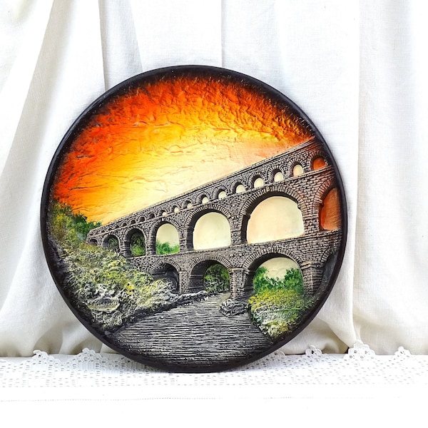 Large French Vintage 3 Dimensional Pottery Wall Plate of the Gard Roman Bridge Signed by the Artist Marylou, Retro Kitsch Wall Decor France