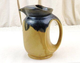 French Vintage Ceramic Art Deco Water Pitcher with Dark Blue Glaze, Retro 1930s Pottery Jug from France, Collectible Ceramics Europe