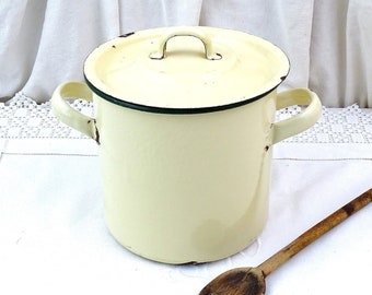 vintage Français Deep 2 poignées Poêle en métal émaillé beige avec couvercle, décor de cuisine rétro enemelware de France, marmite émaillée