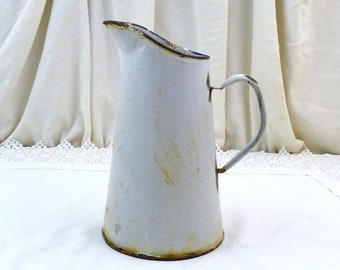 Vintage French White Chippy Metal Enamelware Water Pitcher, Retro Porcelain Enamel Jug from France, Country Farmhouse Kitchen Decor