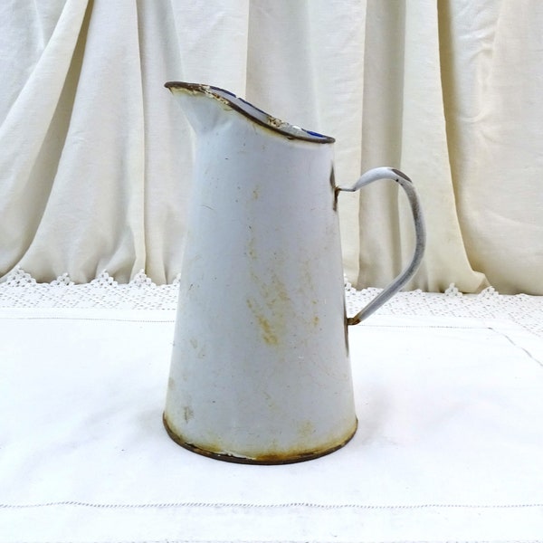 Vintage French White Chippy Metal Enamelware Water Pitcher, Retro Porcelain Enamel Jug from France, Country Farmhouse Kitchen Decor