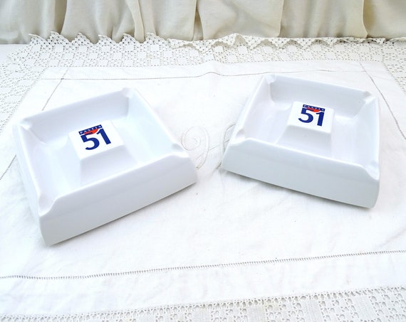 1 Large Vintage French Pastis 51 Cigarette Ashtray in White with Blue Logo, Retro Cigar Smoking Barware Accessory from France, Cote D'Azur