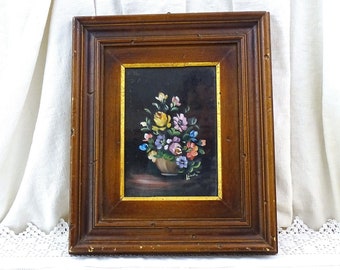 Vintage French Framed Hand Painted Flower Picture, Retro Oil on Board Floral Painting with Wooden Frame from France, Retro  Farmhouse Decor