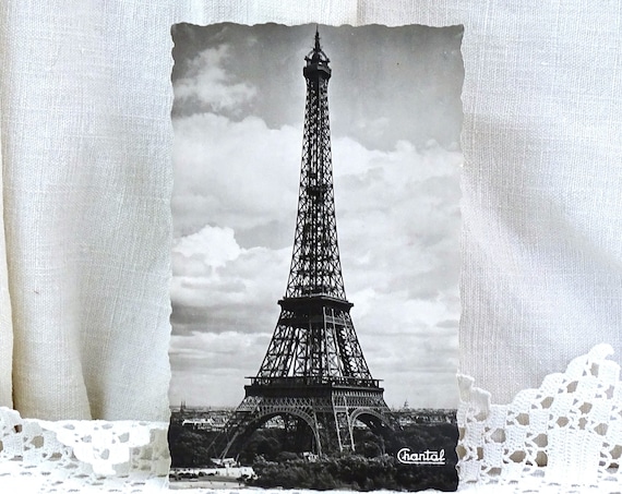 Vintage French  Mid Century Black and White Postcard of the Eiffel Tower, 1950s Retro Paper Ephemera France