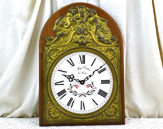 French Vintage Reproduction Antique Wall Clock with Pressed Brass Decoration and White Clock Face Mounted on Oak Wood Frame, Brocante Decor