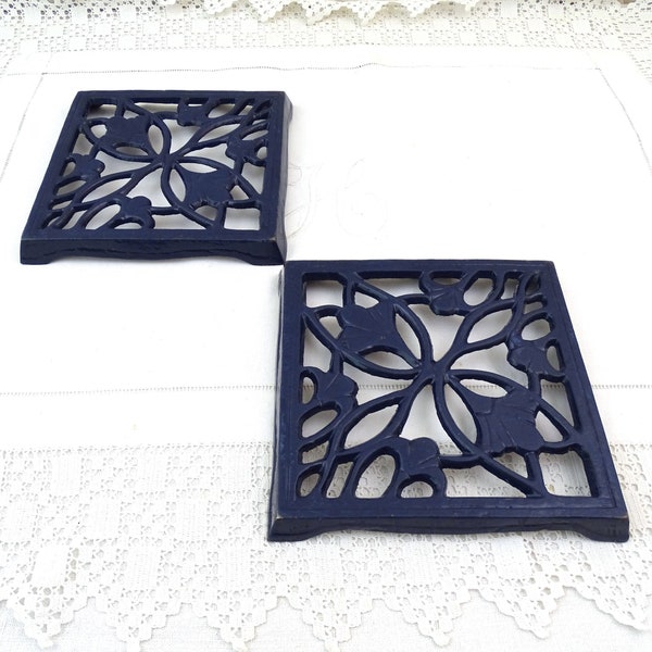 Pair of Matching Vintage French Dark Blue Enamelware Square Kitchen Trivets, 2 of the Same Heat Mats made of Enameled Cast Iron Metal France