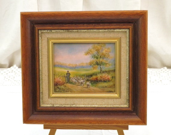 French Vintage Limoges Hand Painted Emailed Copper Framed Picture Shepard with Flock of Sheep by P Pastaud, Retro Artisan Craft Wall Decor