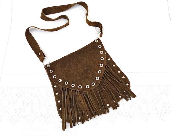 Vintage French Swinging 60s Brown Suede Fringed Shoulder Handbag with Metal Studs, Small Retro Mid Century Woman Leather Purse from France
