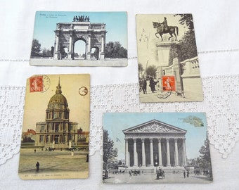 May include: Four vintage postcards featuring black and white images of famous Parisian landmarks. The postcards show the Arc de Triomphe, the statue of Joan of Arc, the dome of the Invalides, and the Pantheon.