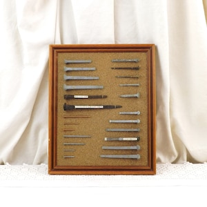 French Framed Collection of 24 Vintage and Antique Metal Nails with Nautical Connection some Rose Heads,  Curio Item from France, Man Gift