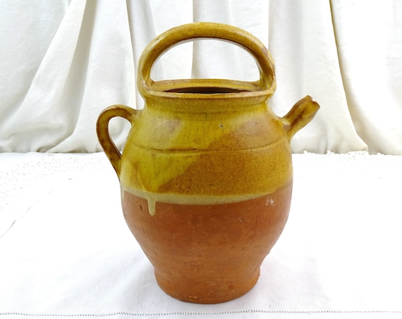 Antique French Earthenware Glazed Water Pitcher with Top Handle, Retro Pottery Gargoulette from France, Old Style Country Farmhouse Jug