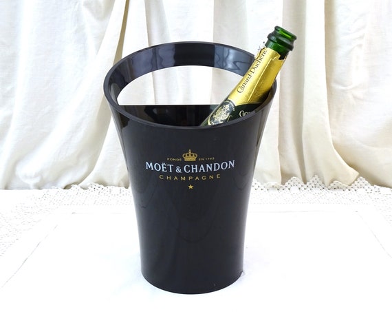 Vintage French Designer Champagne Ice Bucket for Moet et Chandon in Black Acrylic with Gold and White Lettering, Retro White Wine Accessory