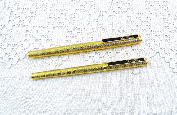 Set of 2 Working Mid Century Vintage Gold Tone Metal Fountain Pen and Ball Point Pen by Versailles Made in Japan, Retro Writing Equipment