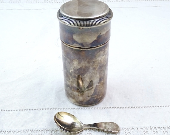Vintage French Silver Plated Hallmarked Canister / Tea Caddie with Spoon, Retro Storage Accessory from France, Old Silversmith Chateau Chic