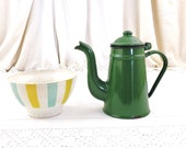 Small French Vintage Green Enamelware Goose Neck Coffee Pot, Retro Enamel Kitchen Decor From France, Brocante Country Farmhouse