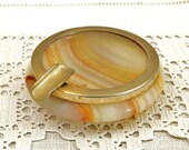 Small Vintage 1970s Veined Onyx Marble Stone Ashtray with Gold Colored Metal Rim and Rest from France , Retro French Smoking Accessory