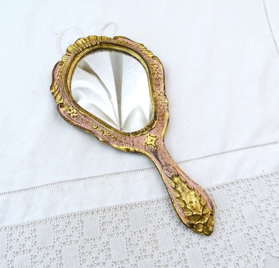 Vintage Italian Florentine Pink and Gold and Painted Wooden and Gesso Hand Mirror, Retro Venetian  Golden Colored Looking Glass from Italy