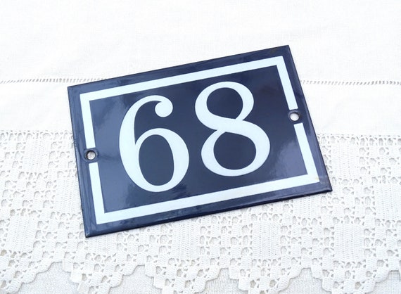 Vintage French Porcelain Enameled Metal House Sign in Blue and White Number 68, Enamelware Street Home from France, Traditional Address Sign