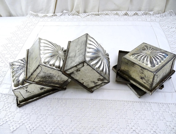 1 French Antique Ice Cream Mold, Square Pressed Metal Cake Mould France, Chateau Chic Baking Kitchen Accessory, Toleware Metal Home Decor