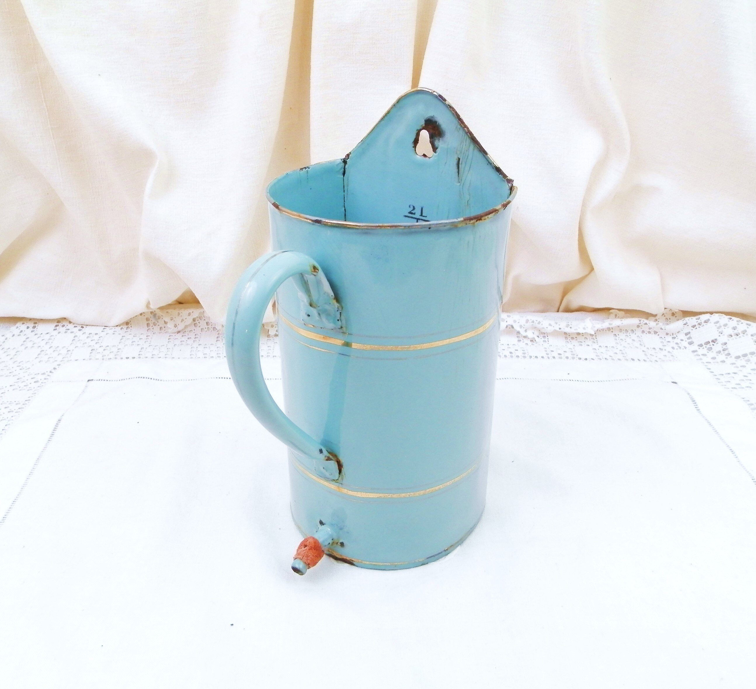 Antique French Pale Blue Enamel Water Dispenser with Gold Bands, Wall