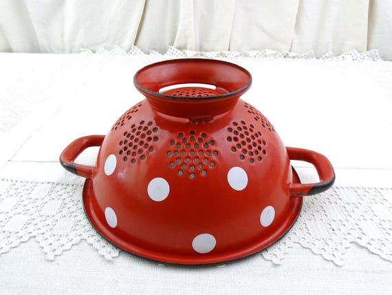 Vintage French Red and White Polka Dot Enamel Colander, Retro Bright Colored Enamelware Strainer with Big Dots,  Pillar Box Kitchen Decor