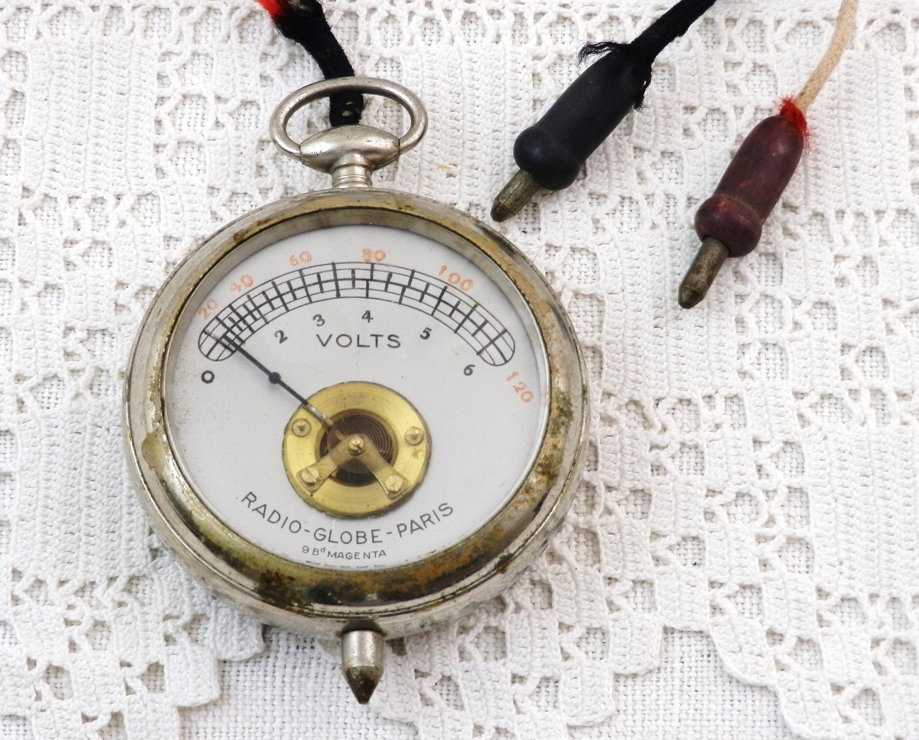 Vintage French Pocket Watch Style Metal Voltmeter by Radio Globe Paris, Retro Electrical Ammeter