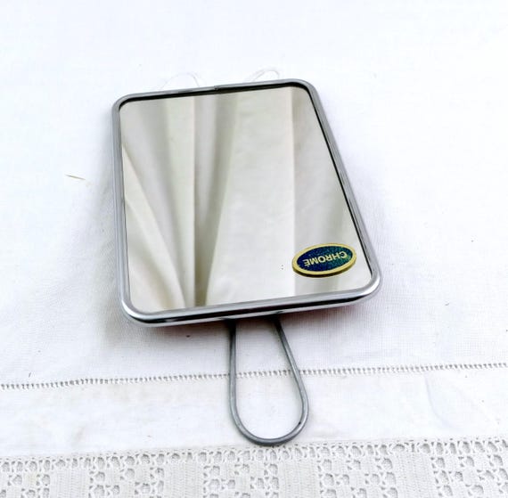 Vintage French 1950s Vanity / Barber Mirror Free Standing Easel Chrome Frame Folding Handle, Handheld Wall Hanging Bathroom Shaving