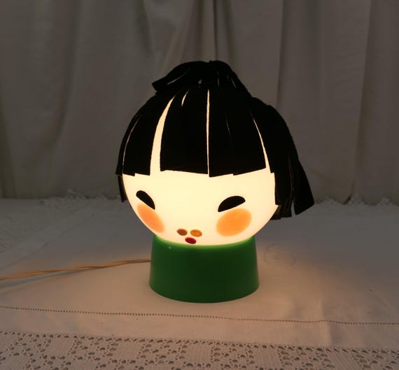 Vintage Kokeshi Doll Milk Glass Globe Table Lamp, 1970s Novelty Bedside Light, Kawaii Nursery Decor with Cute Girl, Retro Pop Art Lighting