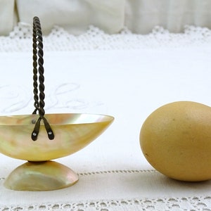 May include: A small, iridescent, mother-of-pearl bowl with a twisted wire handle. The bowl is on a white surface next to a brown egg.