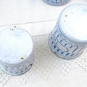 Antique French 6 Piece Enamel Canister Set in White with Blue Pattern and Lettering, Vintage Brocante Kitchen Enamelware Decor from France 画像 6