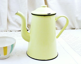 Vintage French Yellow Enamel Porcelain Coffee Pot with Goose Neck Spout, Country Cottage Kitchen Enamelware from France, Farmhouse Decor