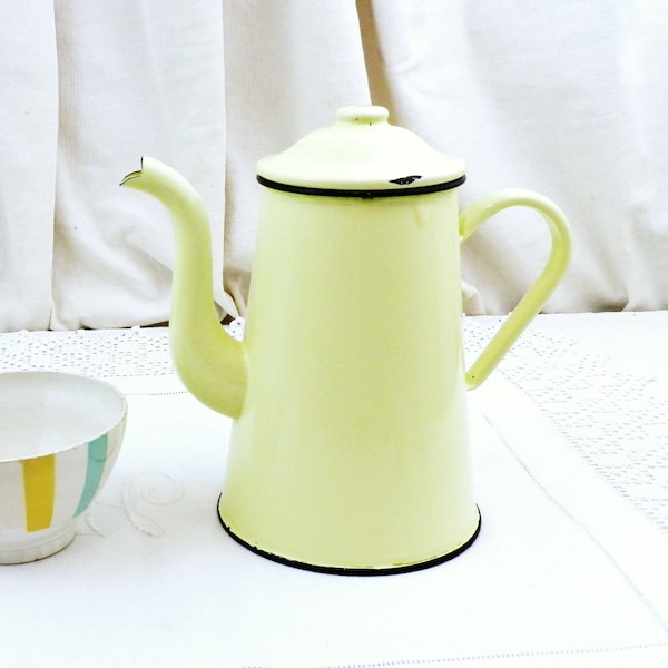 Vintage French Yellow Enamel Porcelain Coffee Pot with Goose Neck Spout, Country Cottage Kitchen Enamelware from France, Farmhouse Decor
