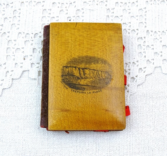 Antique Mauchline Ware Sewing Needle and Yarn Holder Souvenir from Treport La Plage in Normady, Vintage Small Wooden Book from France