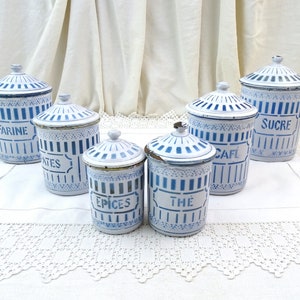 Antique French 6 Piece Enamel Canister Set in White with Blue Pattern and Lettering, Vintage Brocante Kitchen Enamelware Decor from France 画像 2