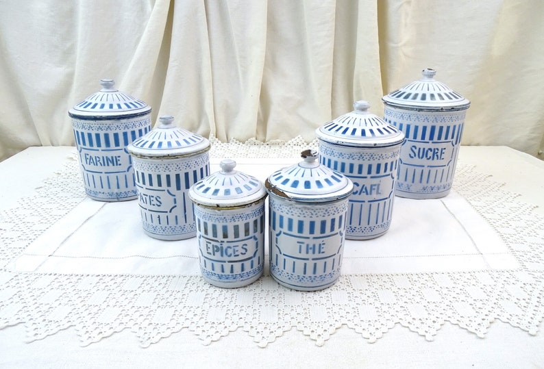 Antique French 6 Piece Enamel Canister Set in White with Blue Pattern and Lettering, Vintage Brocante Kitchen Enamelware Decor from France 画像 2