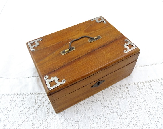 Antique French Wooden Jewelry Box with Decorative Corners and Metal Top Handle, Retro Container made of Wood from France, Brocante Decor