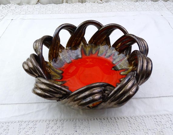 Vintage French Mid Century Ceramic Fruit Bowl by Max Idlas in Orange and Black, Retro 1960s Studio Pottery from France, Fun Home Decor