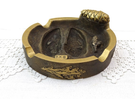 Vintage French Cast Bronze Ashtray with Large Wild Boer Hoof Print, Oak Leaves and Pine Cone, OOAK Forest / Hunting Lodge Themed Decor