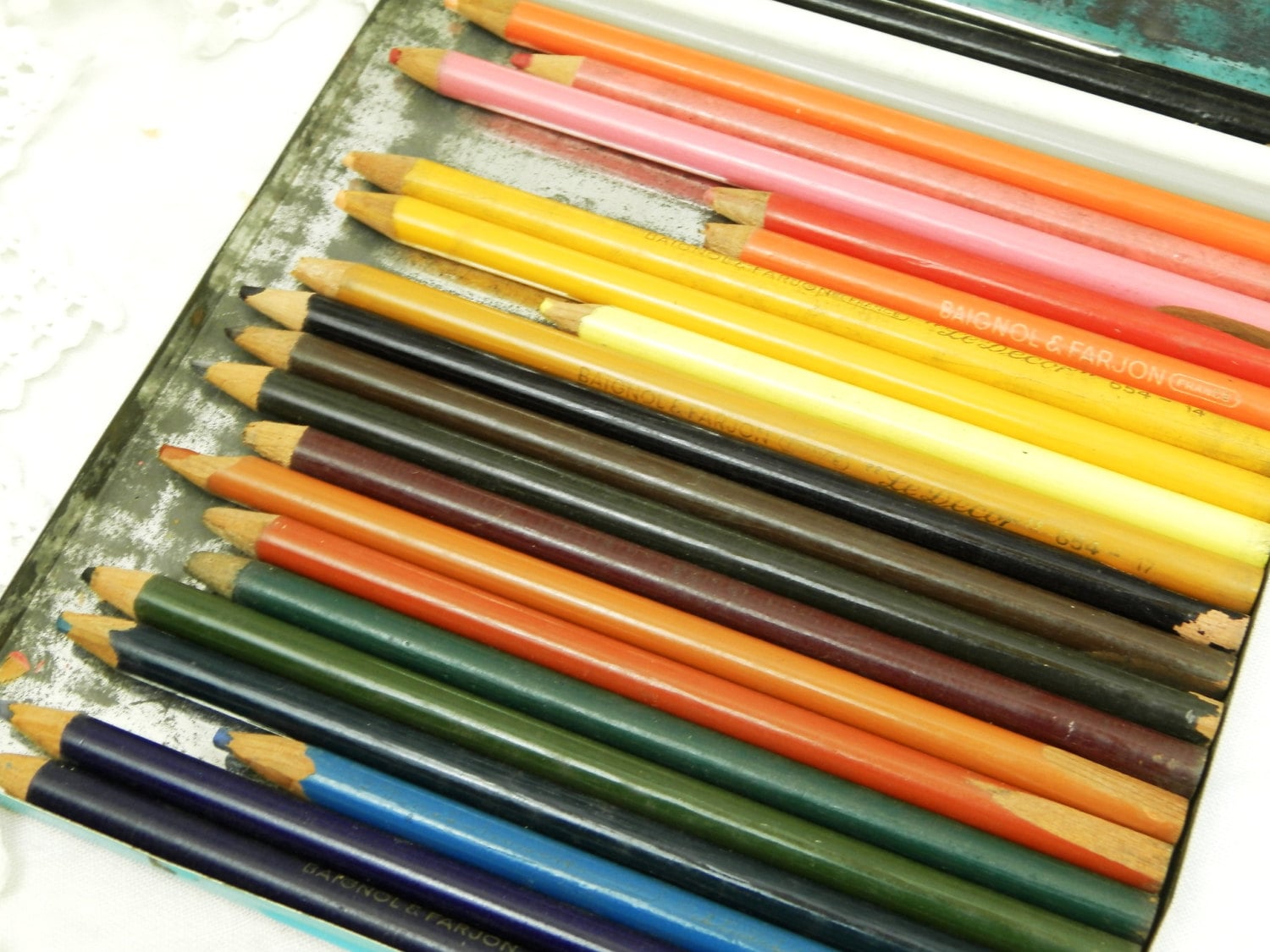 Vintage French Mid Century Blue and Pink Metal Box with 24 Colored