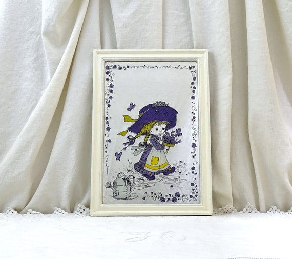 Vintage French 1970s Holly Hobbie Framed Glass Mirror in Purple and White, Retro 70s Wall Decor from France, Old Looking Glass Little Girl