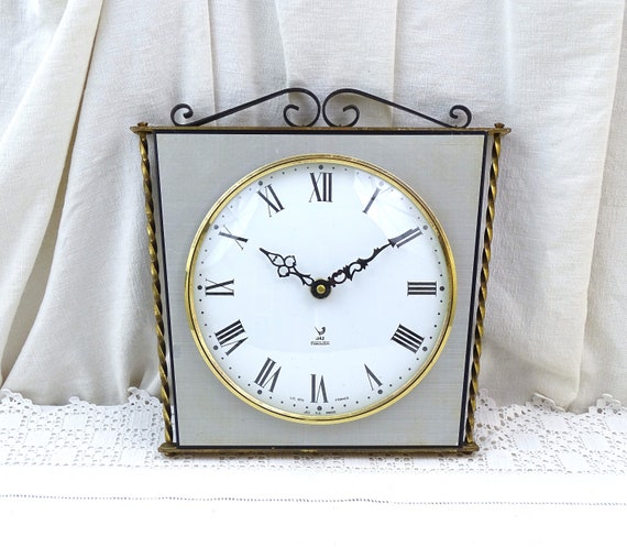 Vintage French Working Mid Century Jaz Wall Clock with Forged Decoration, Retro 1950s 1960s Time Piece from France with Metal Frame