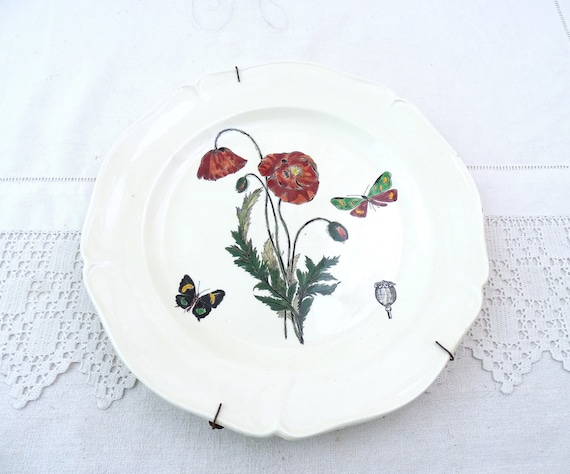 Antique French Hand Colored Ceramic Plate by Gien from the Flower Collection with Poppy and Butterfly Pattern, Country Farmhouse Wall Decor