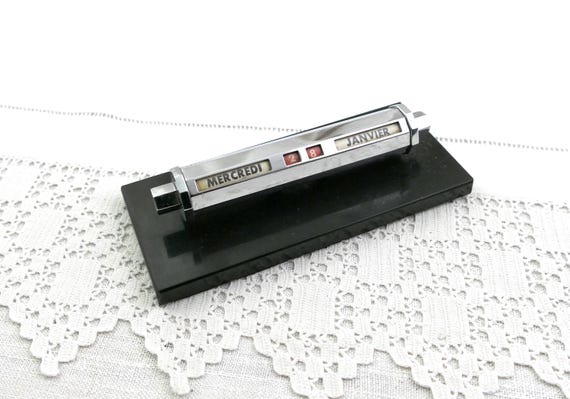 Vintage French Art Deco Desk Chrome Perpetual Calendar on Black Marble Base, Retro 1930s Office Silver Decor France, Old Style Dates Days
