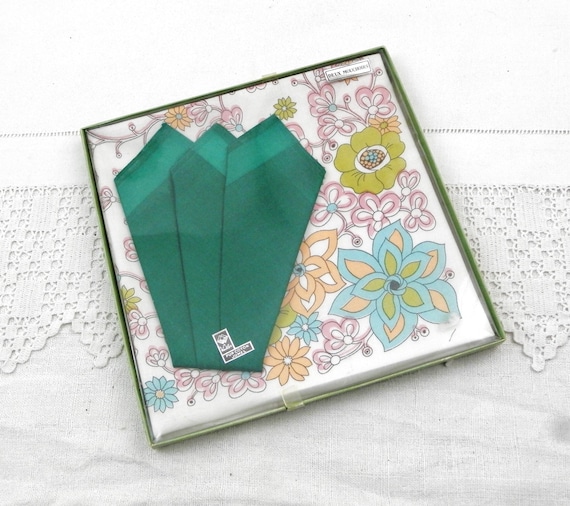 2 Vintage 1970s Boxed Unused Cotton Pocket Handkerchiefs One Green and One with Stylized Flower Pattern by Winkler, Retro Accessory