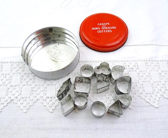 Vintage Small Canape and Hors D'oeuvre Metal Cutters with Original Storage Tin, Retro 1960s Kitchen Dinner Party Molds, Nibble Making